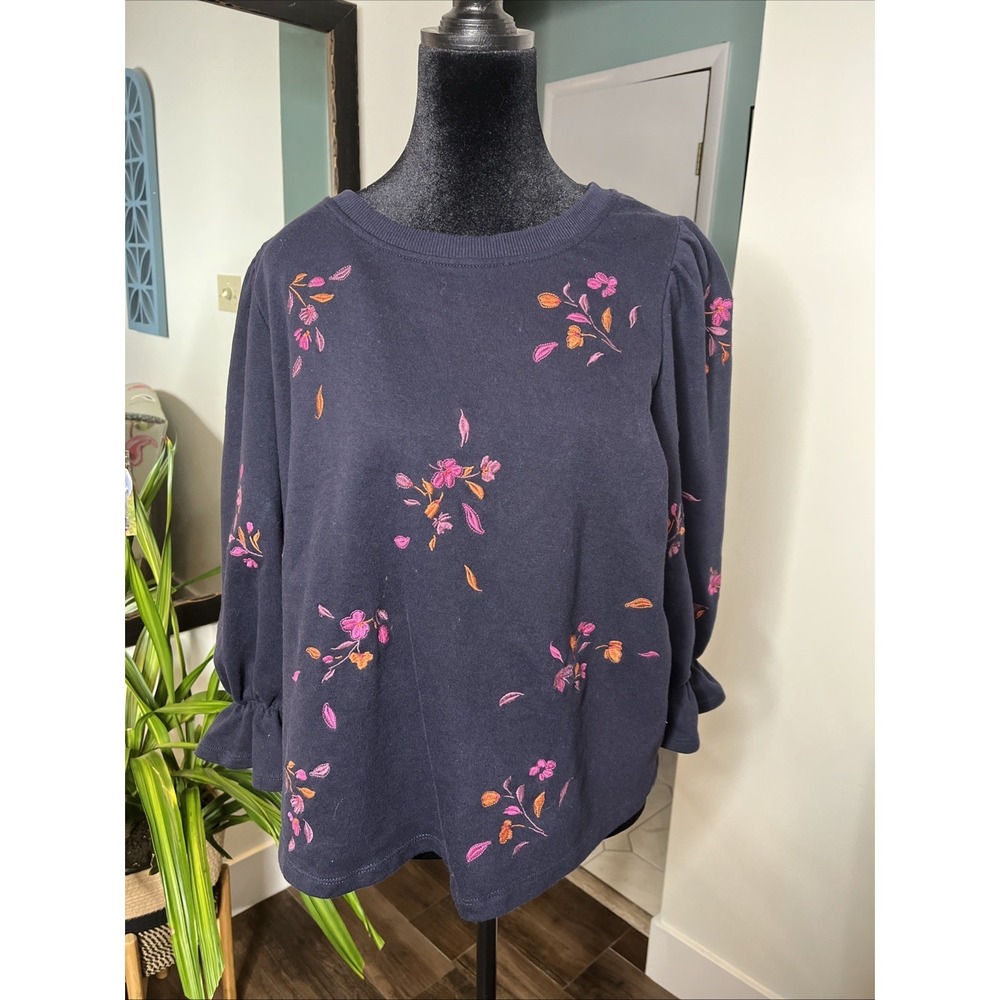 Democracy Plus Puff Flounce Sleeve Floral Embroidery Sweatshirt Women's Size 1X
